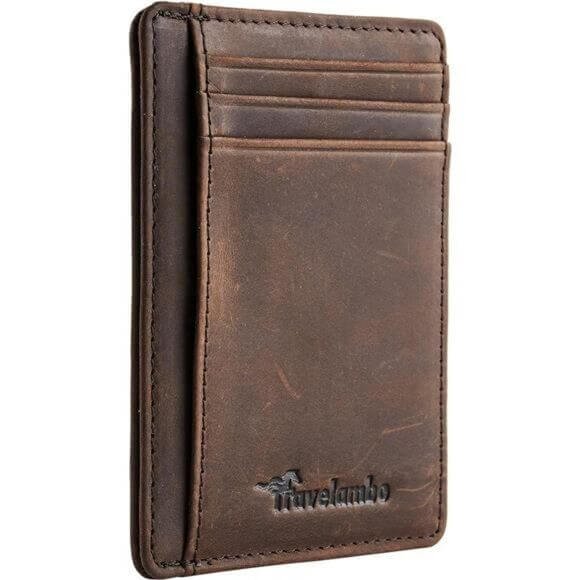 Brown Travelambo Leather Slim Wallet with a smooth, premium leather exterior. The wallet features a minimalist design with multiple card slots and a compartment for cash, offering a slim and compact profile that fits easily in pockets or bags.