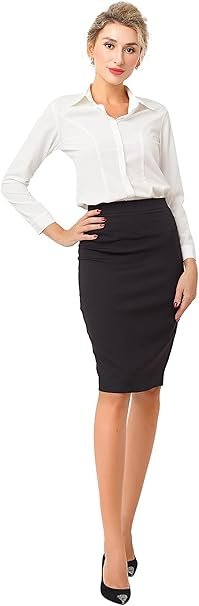 Elegant woman wearing a black mid-length pencil skirt paired with a white blouse and black heels, showcasing a professional and chic office look.