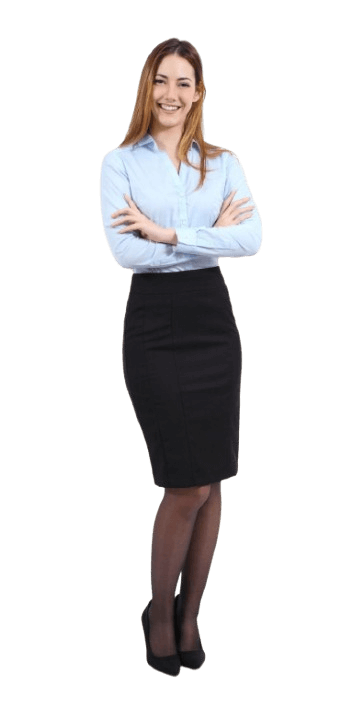 Professional woman wearing a mid-length pencil skirt for women paired with a light blue blouse and black heels, showcasing elegant office attire.