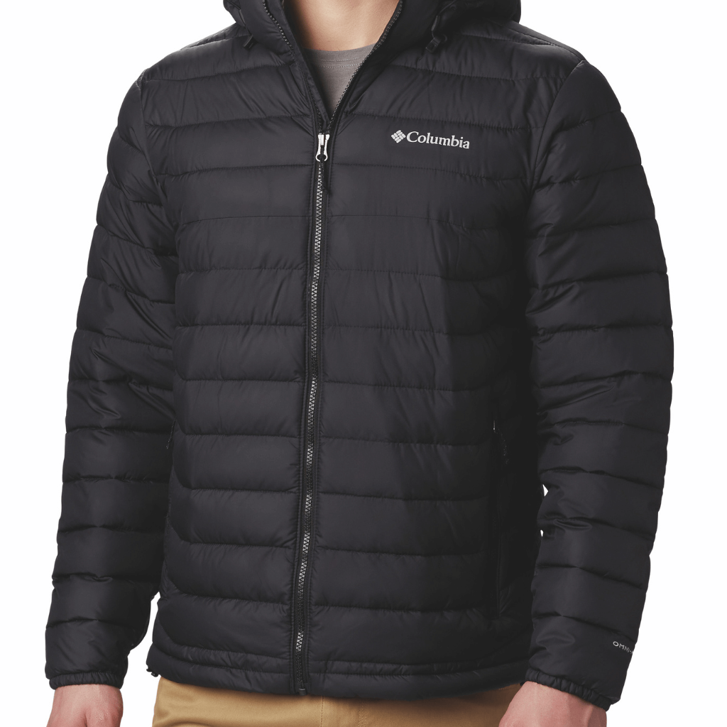 Black puffer lightweight Columbia jacket for men, featuring a sleek design, quilted insulation, and a high collar for warmth and style during cold weather.