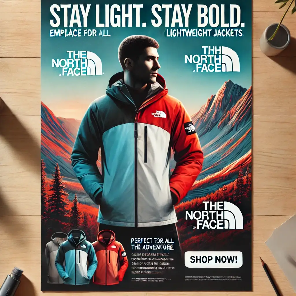 Ad for North Face lightweight jackets featuring a person in a bold, stylish jacket standing against a mountain backdrop, with the text 'Stay light. Stay bold. Embrace the adventure with North Face Lightweight Jackets.' Includes a call-to-action to shop now.