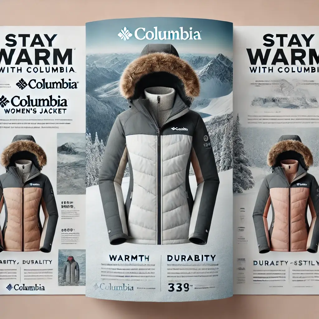 Advertisement showcasing a Columbia women's jacket for extreme cold weather, featuring a stylish and warm design with a cozy hood, set in a snowy mountain backdrop.