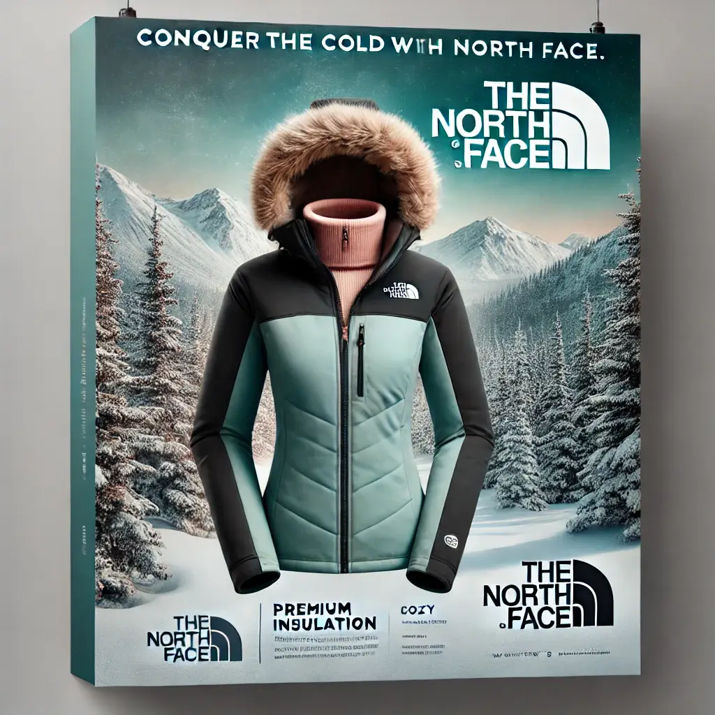 Advertisement showcasing a North Face women's jacket for extreme cold weather, highlighting premium insulation and outdoor versatility in a snowy forest setting.