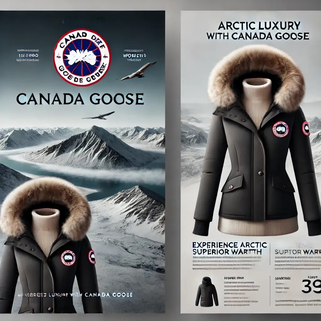 Advertisement showcasing a Canada Goose women's jacket for extreme cold weather, emphasizing luxury, superior warmth, and a fur-lined hood in an Arctic landscape.